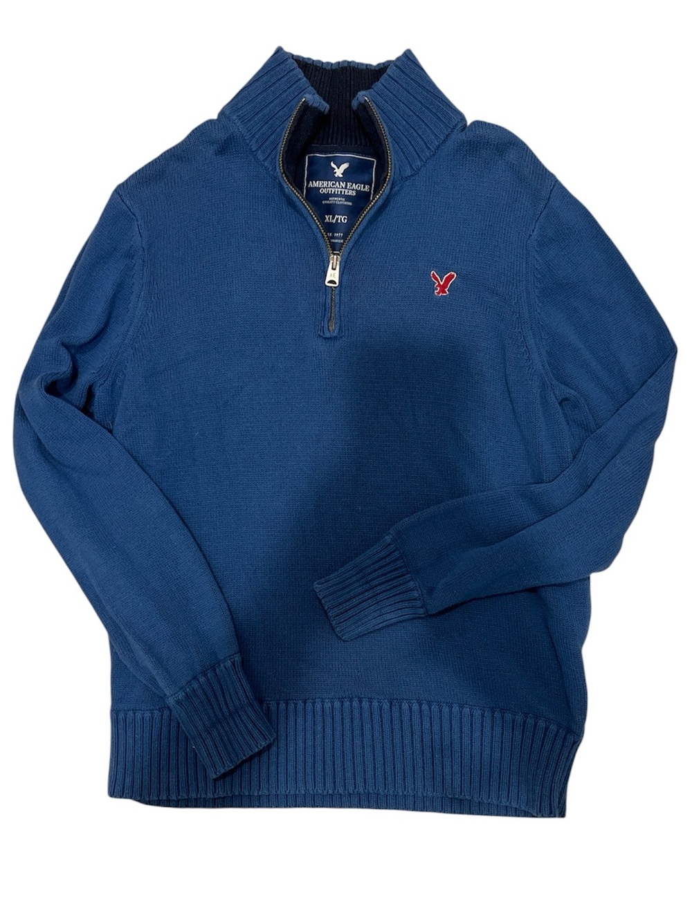 American Eagle Outfitters Blue 1/4 Zip Sweater Blue with Red Logo